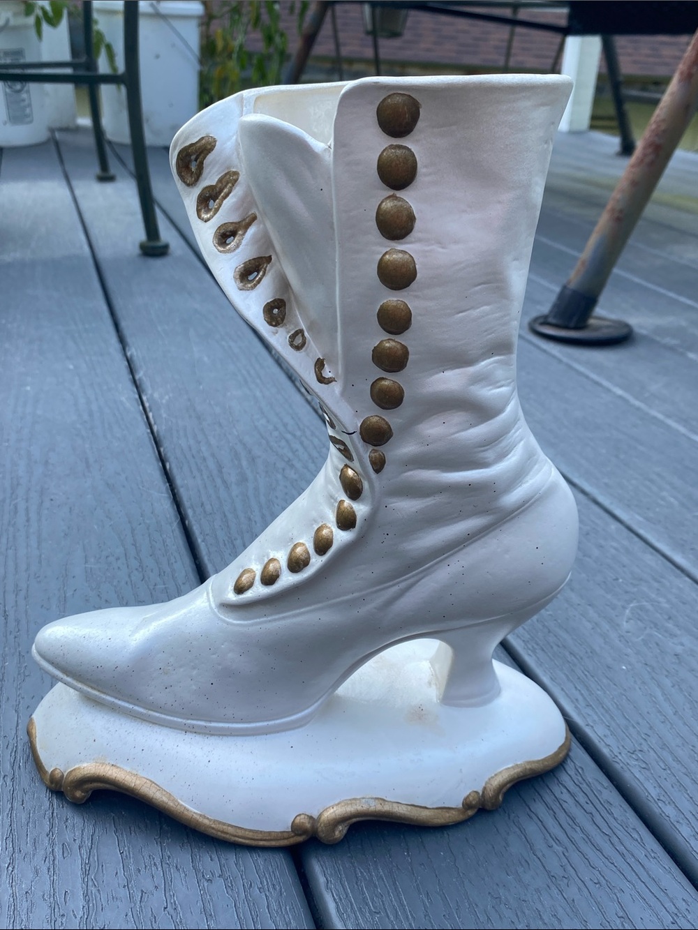 Vintage Atlantic Mold White Gold Button-Accent Women's Victorian Boot Vase